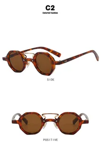 Detailed view of irregular round tortoise shell sunglasses shown from front and side angles