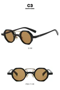 Detailed views of small frame hip-hop punk sunglasses with irregular octagonal frames