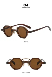 Detailed front and side views of punk-style irregular round sunglasses in amber brown finish