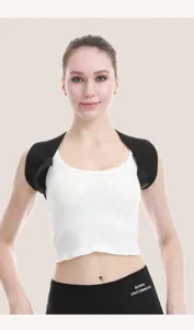 Front view of a black adjustable posture corrector belt worn by a fitness female model