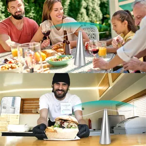 Automatic battery powered fly fan for outdoor dining and kitchen use keep flies away easily.