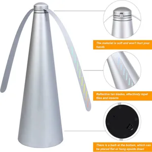 Portable automatic fly repellent fan with soft reflective blades and battery operated base.