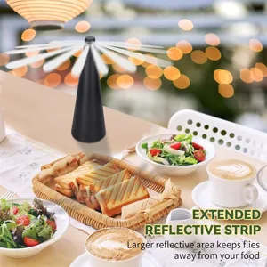 Automatic battery fly repellent fan with reflective blades for dining table food protection.