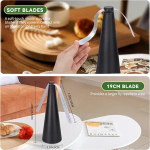 Desktop automatic fly repellent fan with soft blades, battery operated for indoor outdoor use.