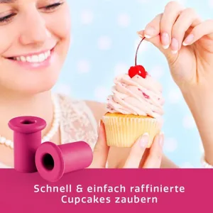 Macro view of pink silicone cupcake corer being used to create a hole in a fresh muffin