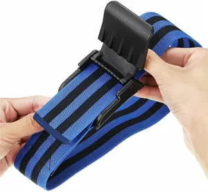 Close-up of adjustable buckle on blue and black BFR blood flow restriction bands