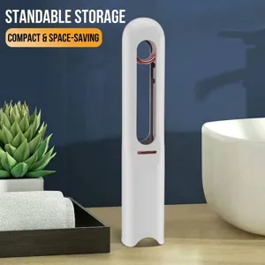 Compact white mini handheld mop shown in a vertical standing position for easy storage