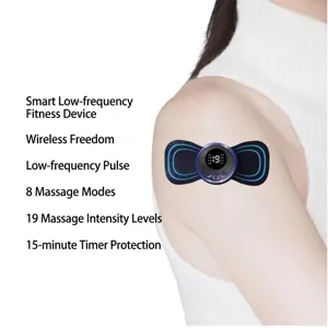 Close-up of portable EMS pulse massager applied to shoulder for muscle relief