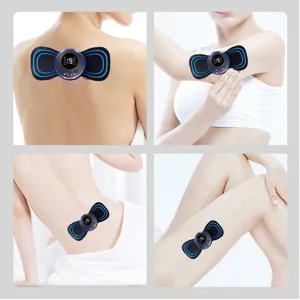 Portable EMS pulse massager patch showing application on neck, arm, waist, and legs