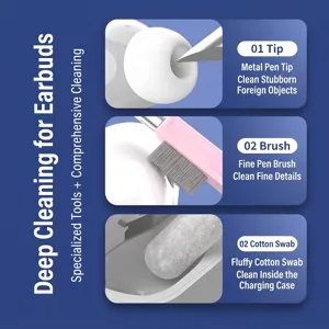 Multi-functional earbud cleaning kit showing nib, brush, and sponge details