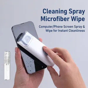 Portable 2-in-1 screen cleaner spray and microfiber cloth for phone and laptop screens.