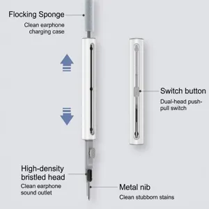 Multi-functional earphone cleaning pen with sponge, brush, and metal nib