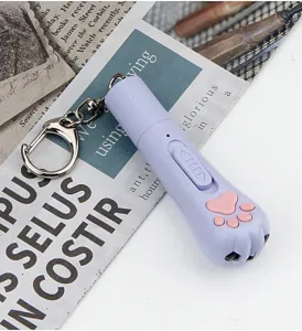 Mini USB rechargeable cat laser toy with cute paw design, portable pet teaser keychain pointer.