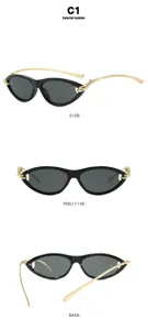 Meerdere detailweergaven van minimalistische cat-eye zonnebril met zwart frame en gouden pootjes