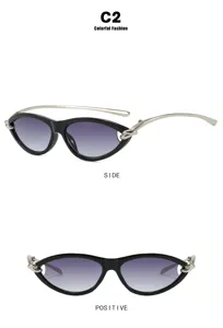 Gedetailleerde weergaven van minimalistische cat-eye zonnebrillen met gradiënt lenzen