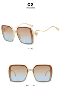 Detailansichten einer beige quadratischen Sonnenbrille mit Perlenakzenten und Verlaufsgläsern