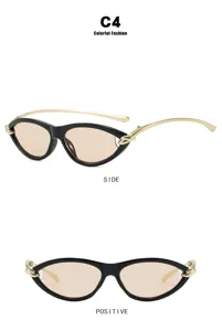 Gedetailleerde weergaven van zwarte cateye-zonnebril met metallic gouden pootjes