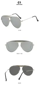 Múltiples vistas de gafas de sol aviador clásicas con montura de plata y lentes grises