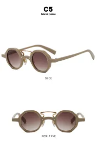 Irregular round punk sunglasses featuring light brown frames and gradient brown lenses