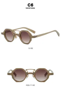 Side and front macro view of punk irregular small frame sunglasses with gold bridge