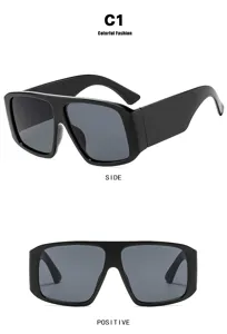 Oversized black square sunglasses shown from front and side view angles for detailed inspection