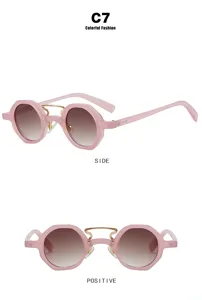Pink irregular round punk sunglasses showing front and side views for detailed fashion look