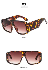 Oversized square tortoiseshell sunglasses with gradient lenses in side and front views.