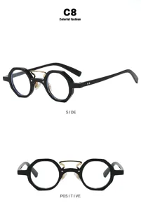 Irregular round punk sunglasses with black frames and metal bridge, side and front view.