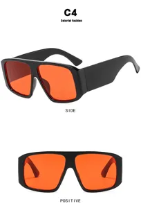 Oversized square sunglasses with orange lenses featuring side and positive views for fashion