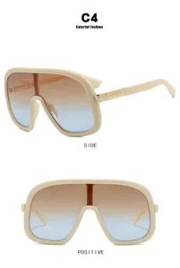 Viste dettagliate frontali e laterali di occhiali da sole a scudo beige