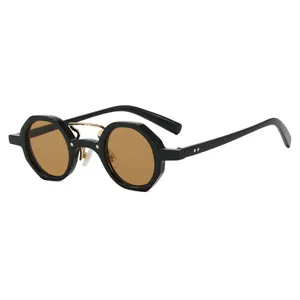 Stylish hip-hop punk sunglasses featuring irregular round brown lenses and black frames