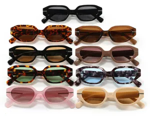 Detail view of nine color variations for stylish irregular small frame sunglasses.