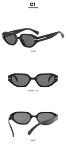 Multi-angle details of stylish black irregular small frame sunglasses for women