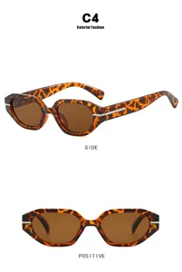 Detailed view of irregular tortoiseshell sunglasses shown in both front and side perspectives.