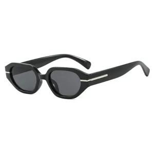 Irregular small frame black sunglasses with stylish silver temple accents