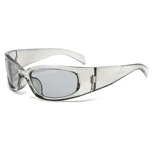 Fashionable Y2K sports sunglasses with transparent grey frames and grey tinted lenses