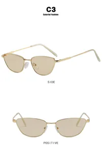 Vistas frontal y lateral de gafas de sol cat-eye de metal vintage con lentes champán