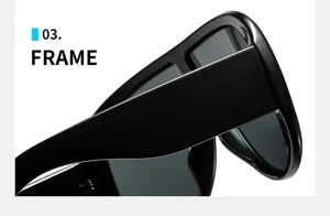 Professional macro detail showing the high-gloss black finish of the oversized sunglasses frame