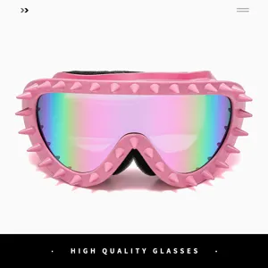 Detailed view of fashionable pink punk-style spiked cycling goggles featuring iridescent rainbow lenses