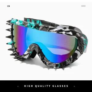Detailed macro view of punk style spiked cycling goggles with colorful iridescent lenses
