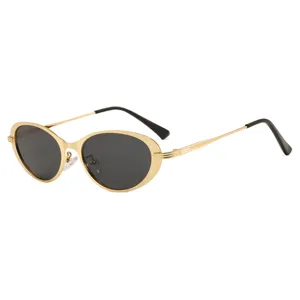Lunettes de soleil ovales rétro élégantes avec monture en métal doré et verres noirs