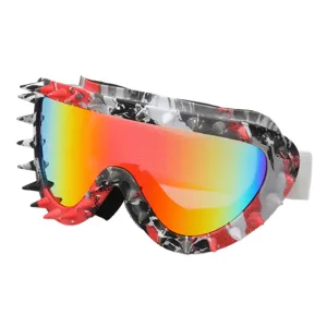 Unique punk style spiked ski goggles featuring colorful reflective rainbow gradient lenses