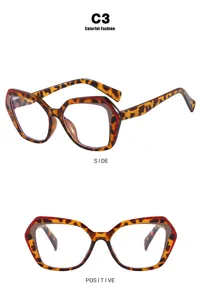 Front- und Seitenansicht der polygonen Brille mit Leopardenmuster und roten Akzenten.