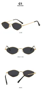 Details of minimalist polygon metal frame sunglasses from side, front, and back views