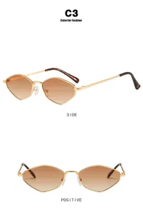 Detailed view of polygon small frame sunglasses with gold metal temples and brown lenses