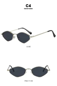 Detailed views of women's polygonal small frame metal sunglasses in silver