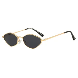 Fashionable retro polygon small frame metal sunglasses with black lenses for women