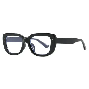 Stylish black square anti-blue light glasses with decorative rivets on white background