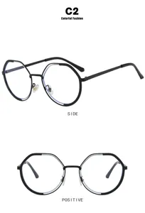 Front and side view display of round oversized black-framed blue light blocking glasses