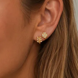 Stainless Steel Gold Plated Rhinestone Earring Set For Women Fashion Small Delicate Leaf Star Cross Four Leaf Clover Geometric Ear Cuff Jewelry